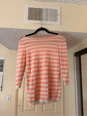 LOFT Peach and Cream Striped Lightweight Boatneck Sweater